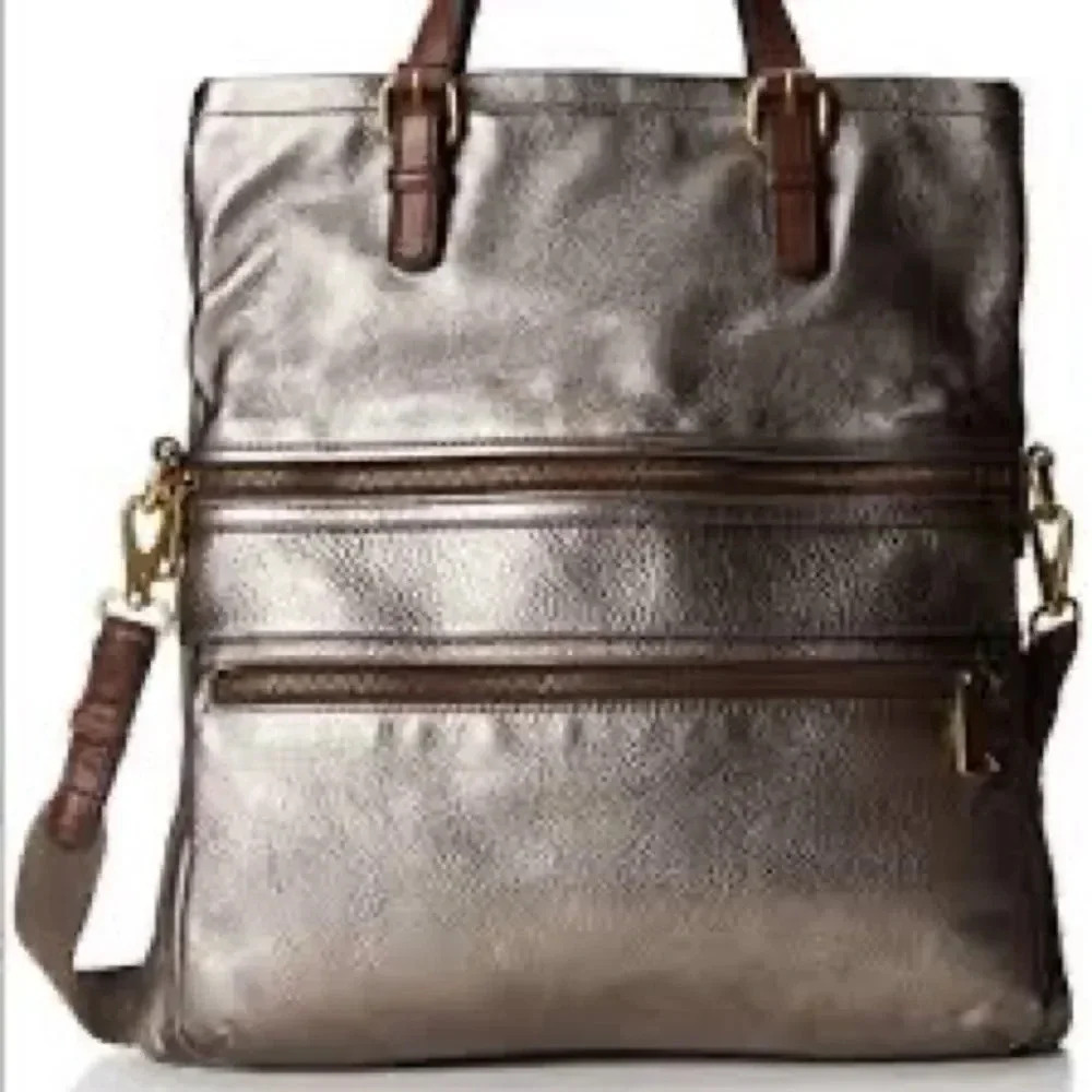 Fossil Explorer Foldover Pewter Metallic Crossbody